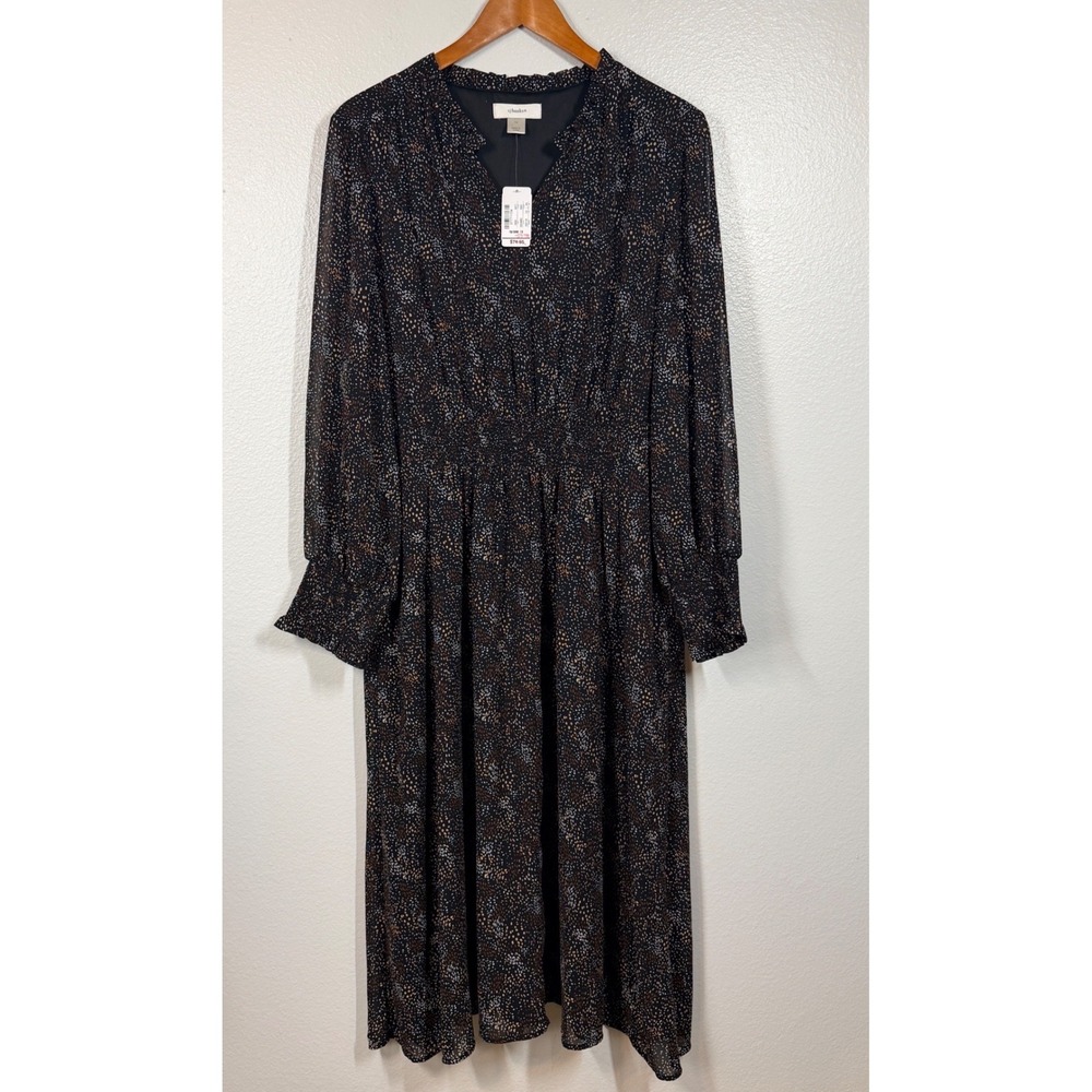 CJ Banks Dress Women 1X‎ Black Abstract Print Smocked Waist Chiffon Midi